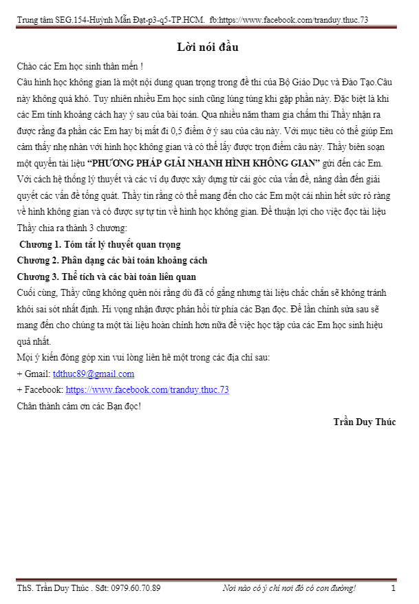 Phương pháp giải nhanh hình không gian - Trần Duy Thúc